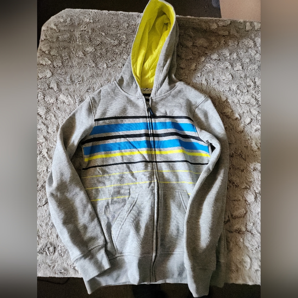 Hawk Gray Kids Hoodie with Blue and Yellow Stripes